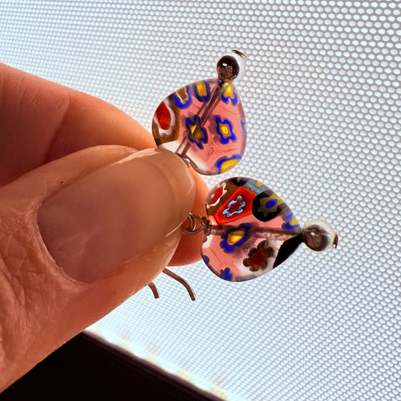 Blown Lamp Work Murano Glass Heart Beads Sterling Silver Vintage 1.2" Earrings - Picture 6 of 7